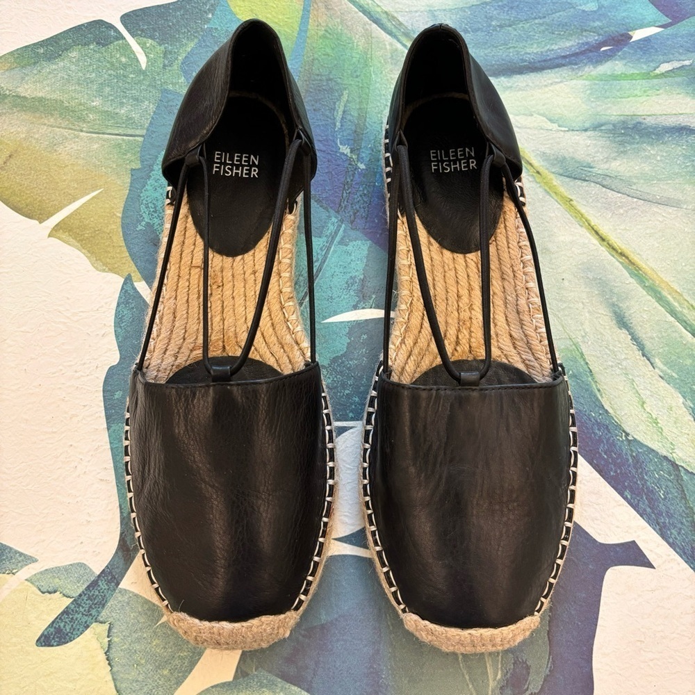 EILEEN FISHER Lee Leather Espadrille Black Size 10 Flats